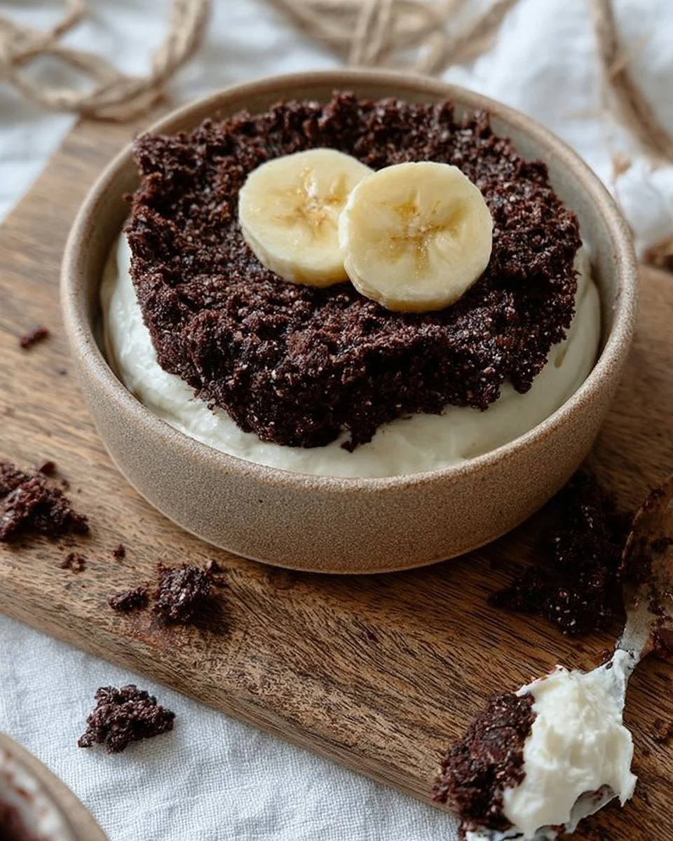 Schokoladen Bananen Quark Dessert in einer Schüssel, dekoriert mit Bananen und Schokolade.