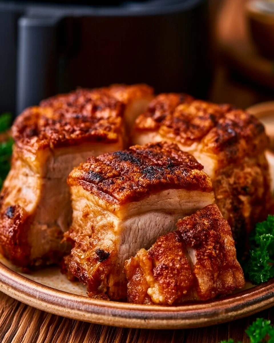 Knuspriger Schweinebauch aus dem Airfryer auf einem Teller serviert