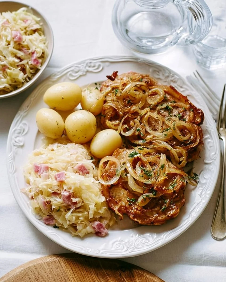 Schweinesteak mit Sahne Speck Kohl auf einem Teller serviert