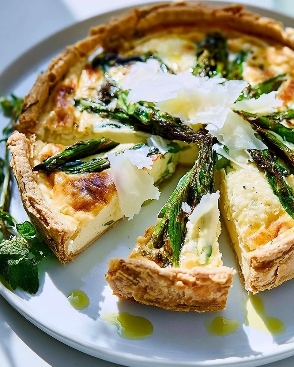 Spargel Käse Tarte mit Muskatnuss auf einem weißen Teller