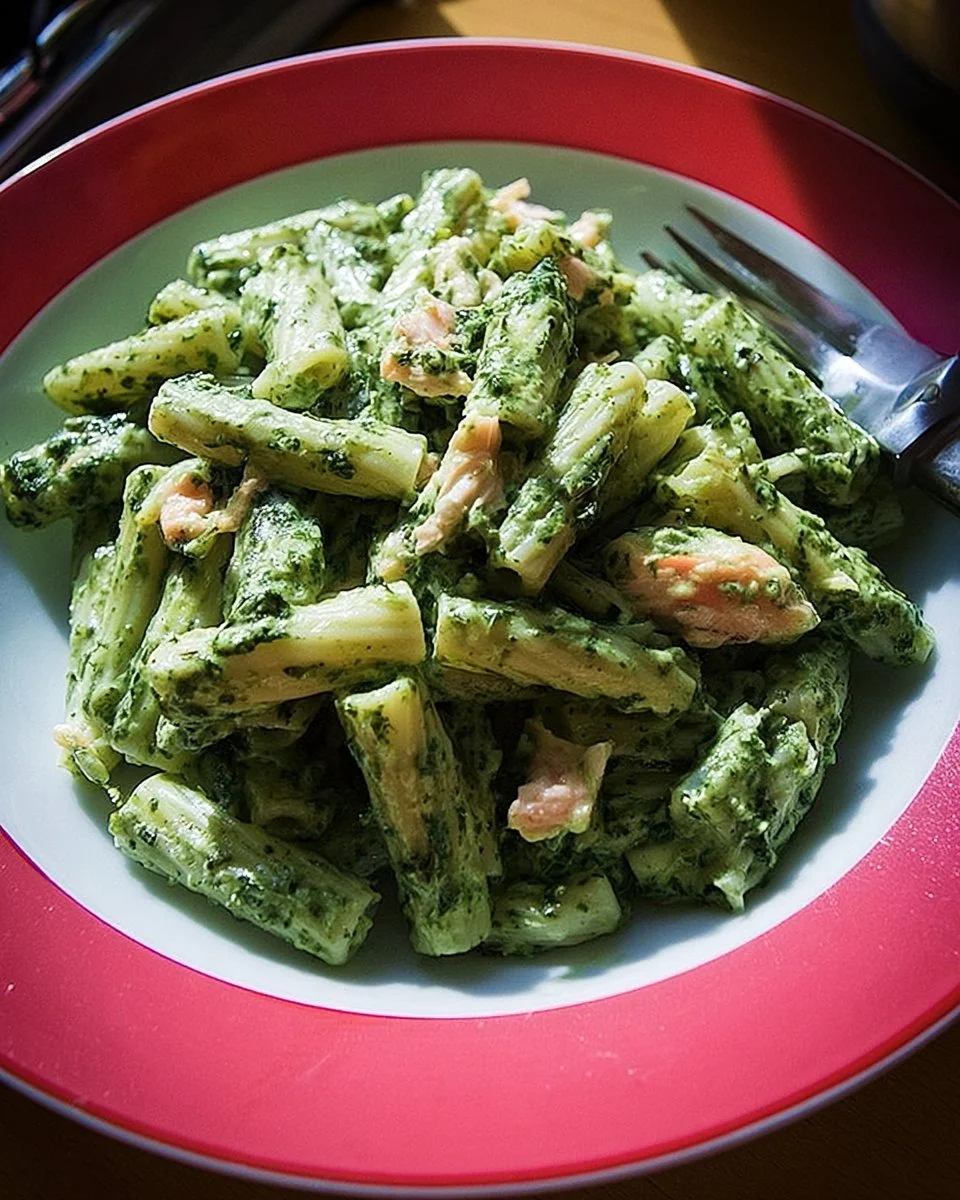 Spinat Lachs Pasta mit frischem Spinat und Lachs in cremiger Sauce.