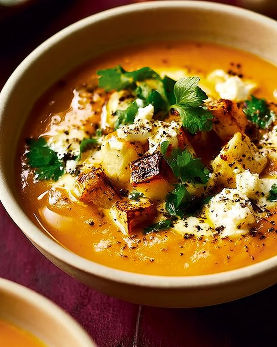 Steckrübensuppe mit karamellisierter Birne, serviert in einer dekorativen Schale