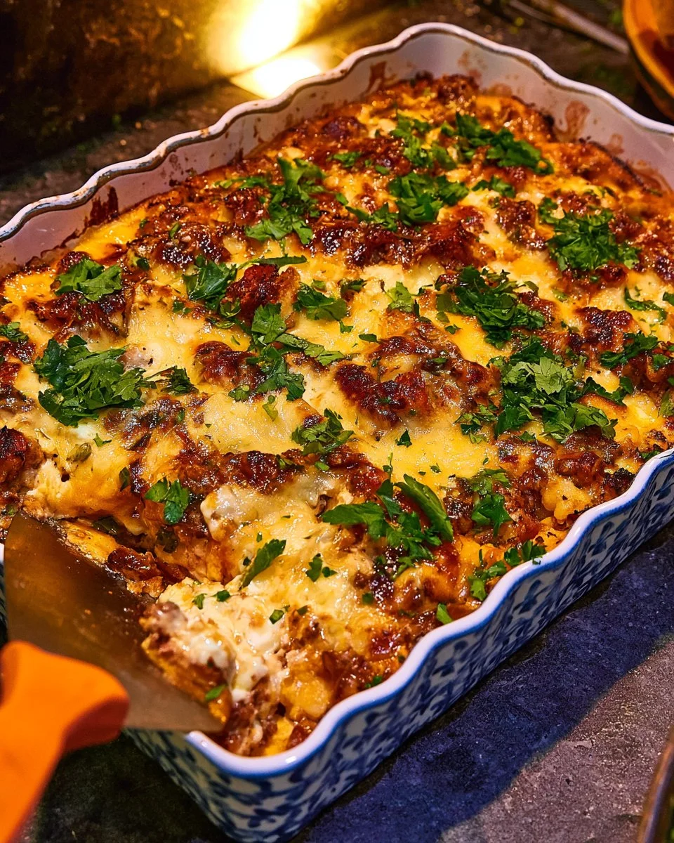 Süßkartoffelauflauf mit Hackfleisch und Feta in einer schönen Auflaufform