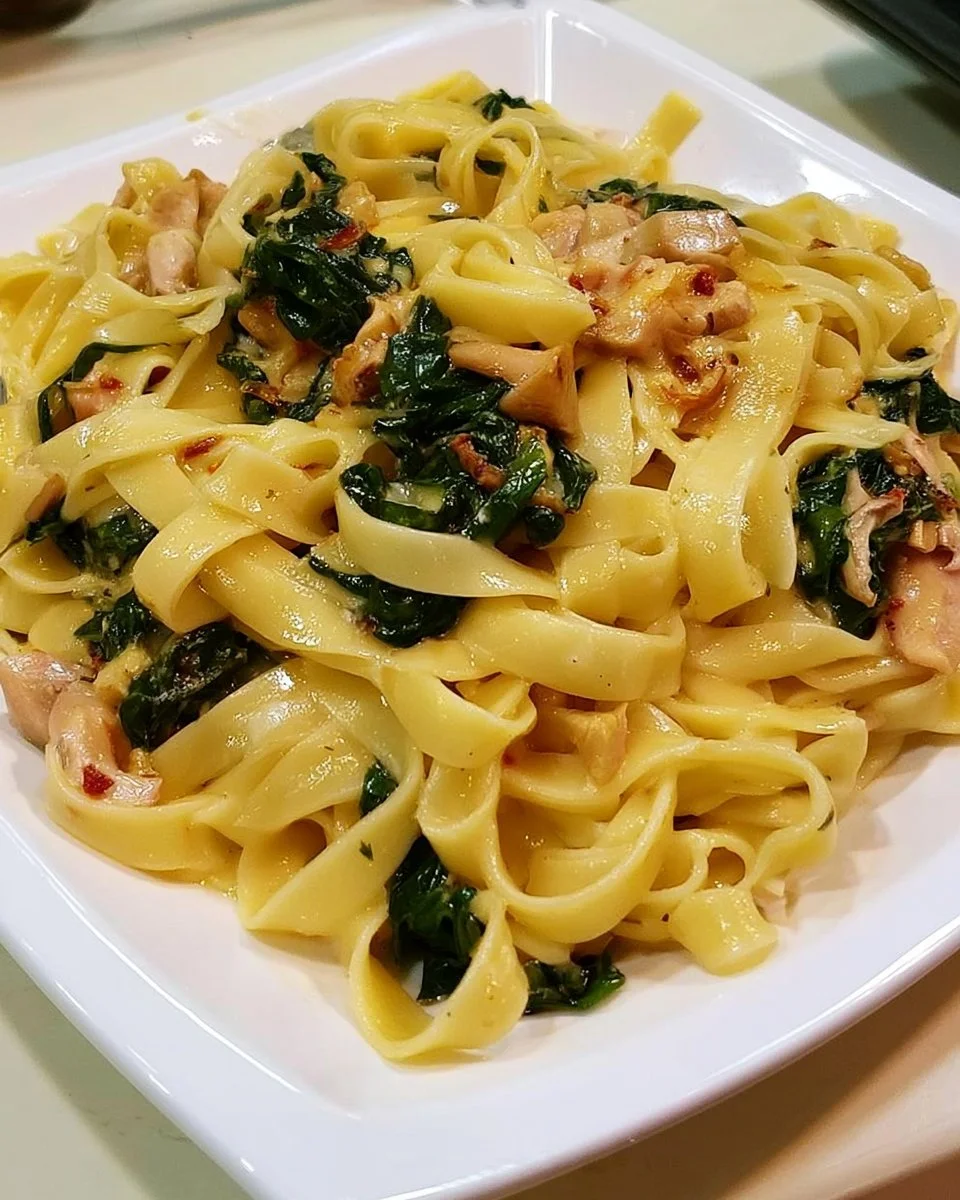 Tagliatelle mit Lachs, Spinat und Feta-Sauce auf einem Teller angerichtet