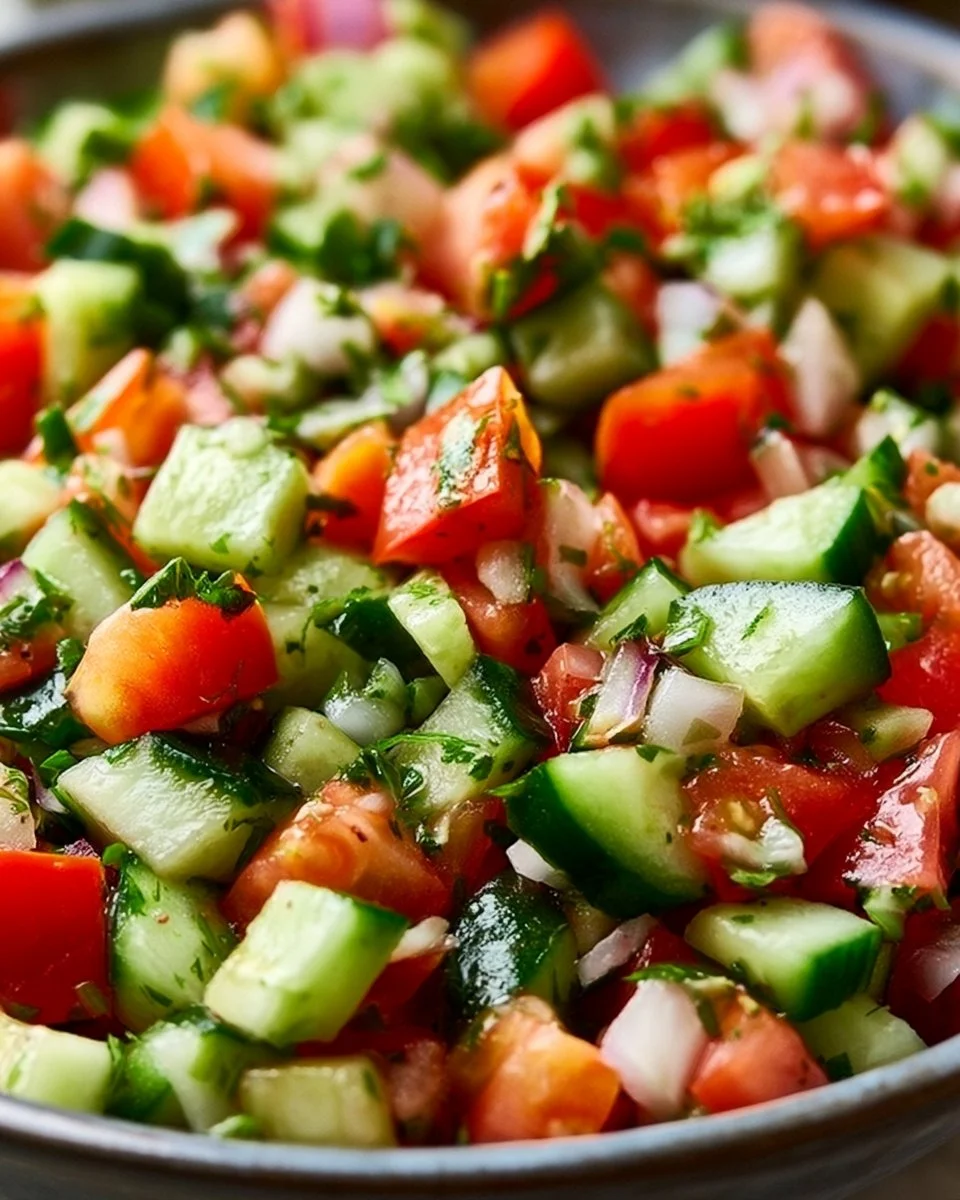 Frischer Tomaten Gurken Salat mit buntem Gemüse und Dressing
