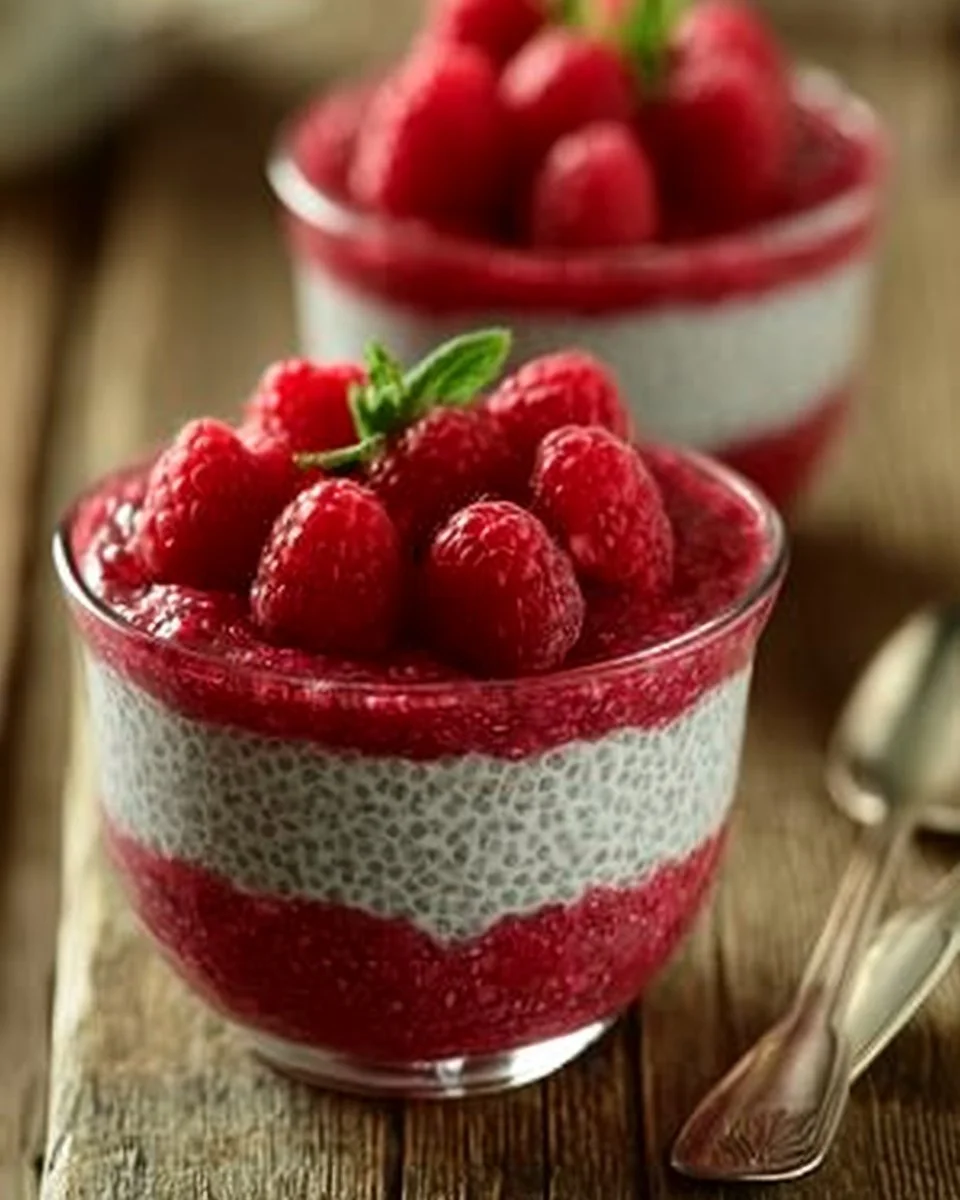 Vanille-Himbeer-Chiapudding mit frischen Himbeeren und Vanille