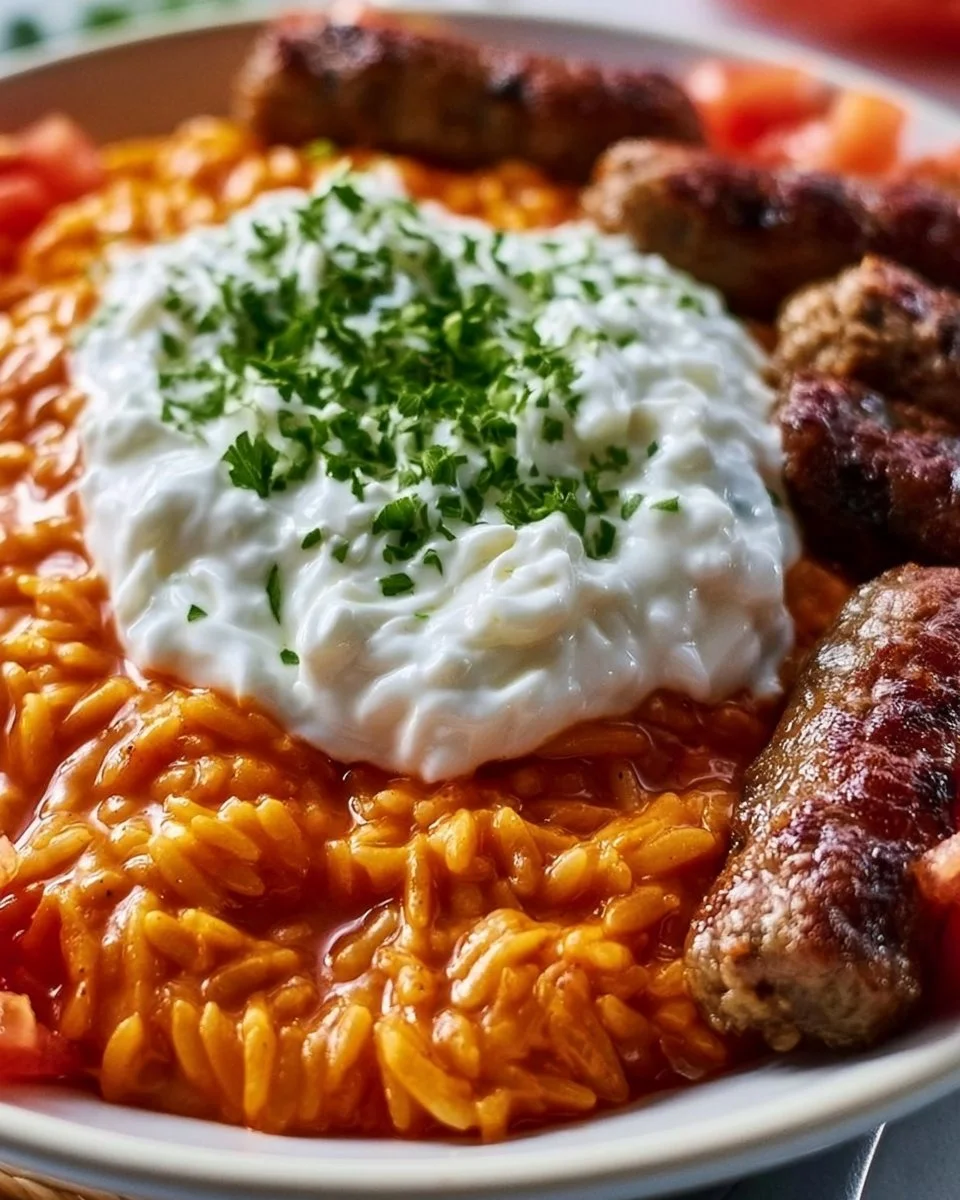 Vegane Cevapcici mit Tomaten Kritharaki und Tzatziki, serviert auf einem Teller.