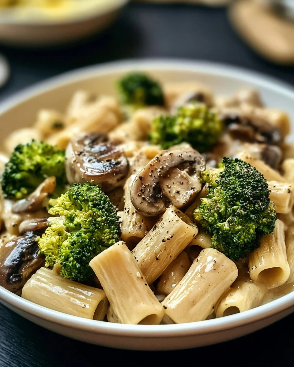 Vegane Pasta mit Pilzen und Brokkoli, serviert für 4 Personen