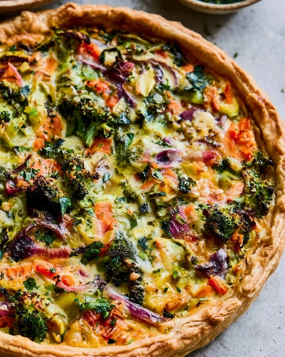 Leckere vegane Quiche mit frischen Gemüsezutaten.