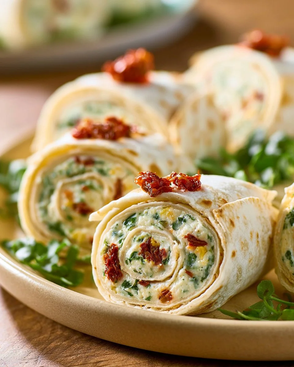 Vegetarische Wrap Röllchen mit Rucola und Tomaten auf einem Teller