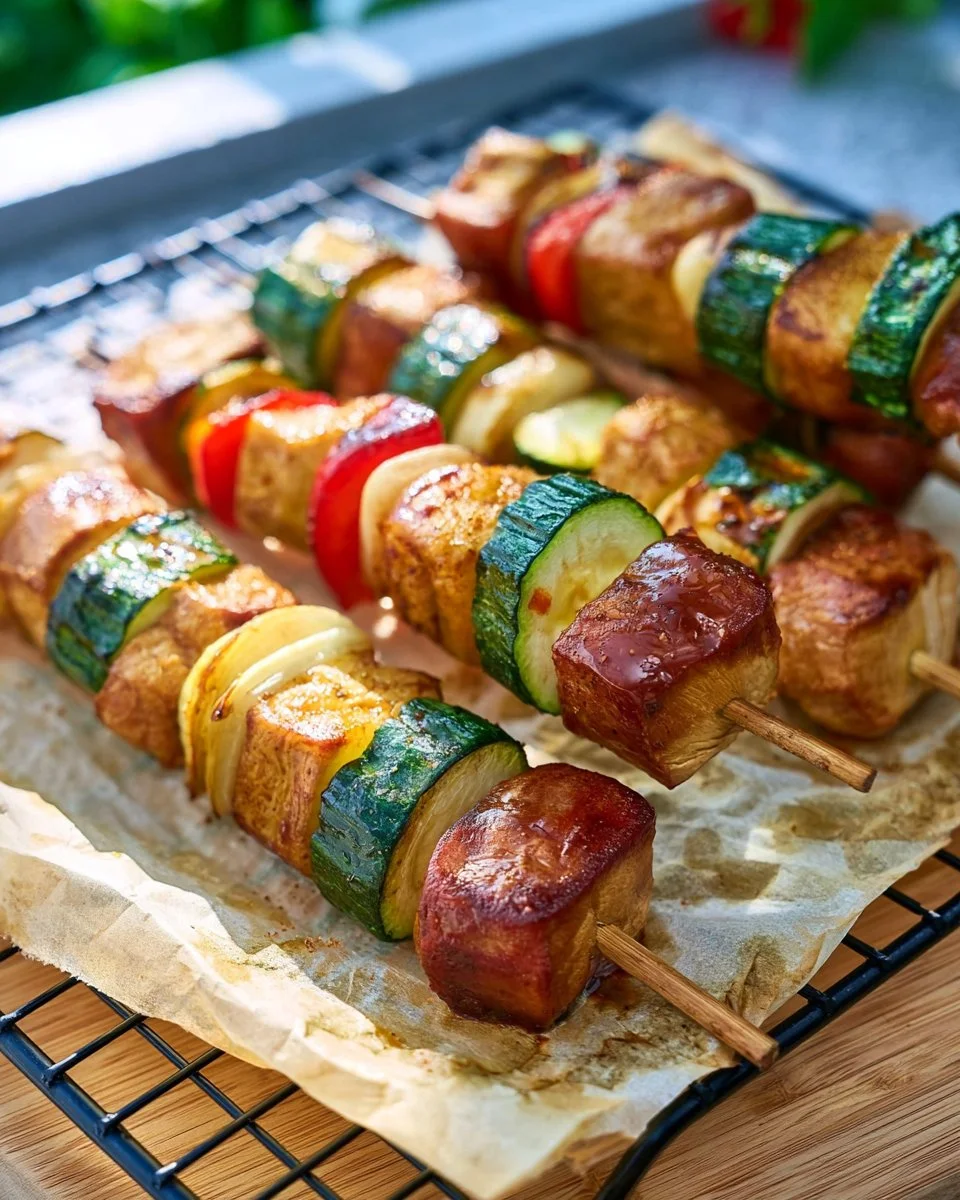 Leckere Wurstspieße auf Grillrost mit frischem Gemüse.