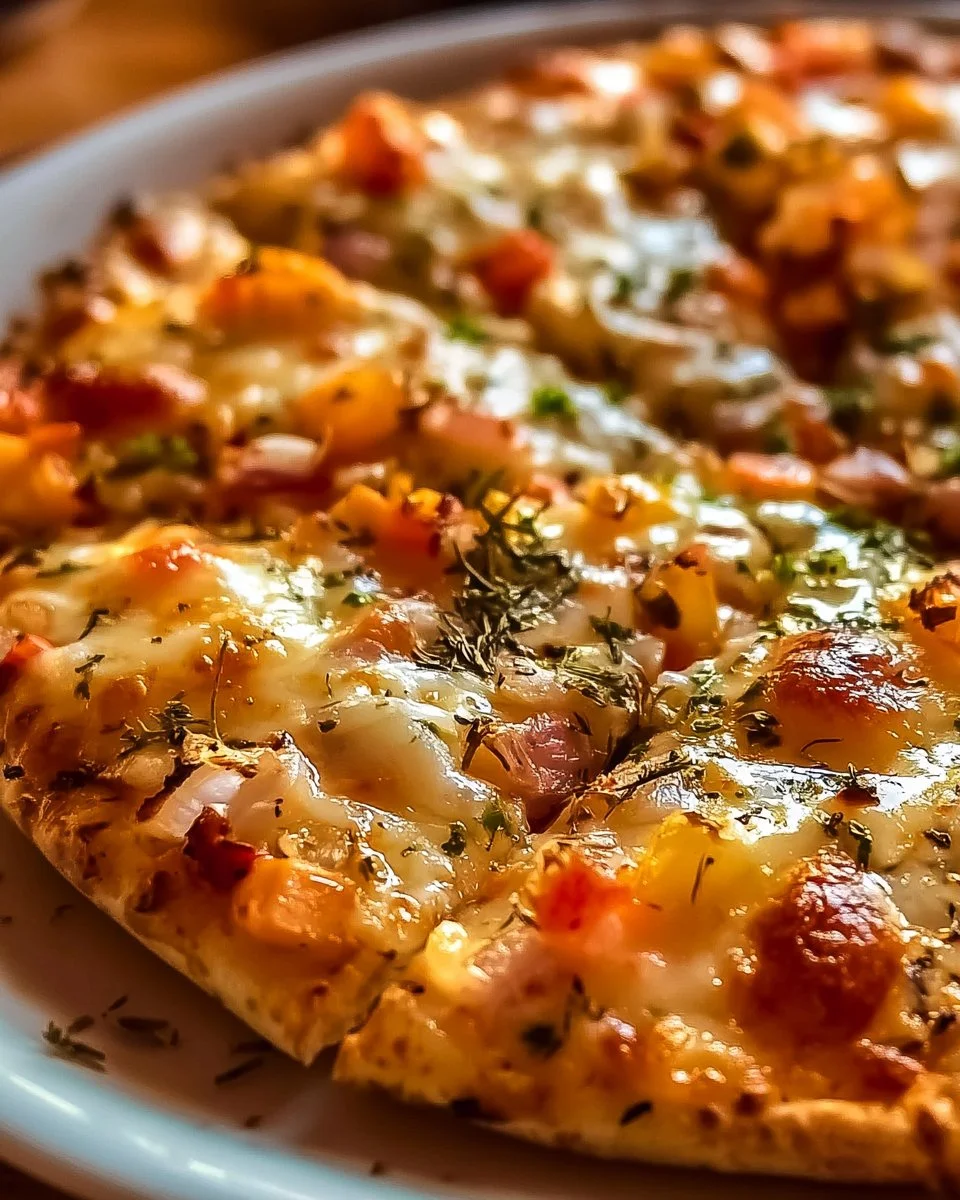 3-Zutaten Hüttenkäse Pizza auf einem weißen Teller serviert