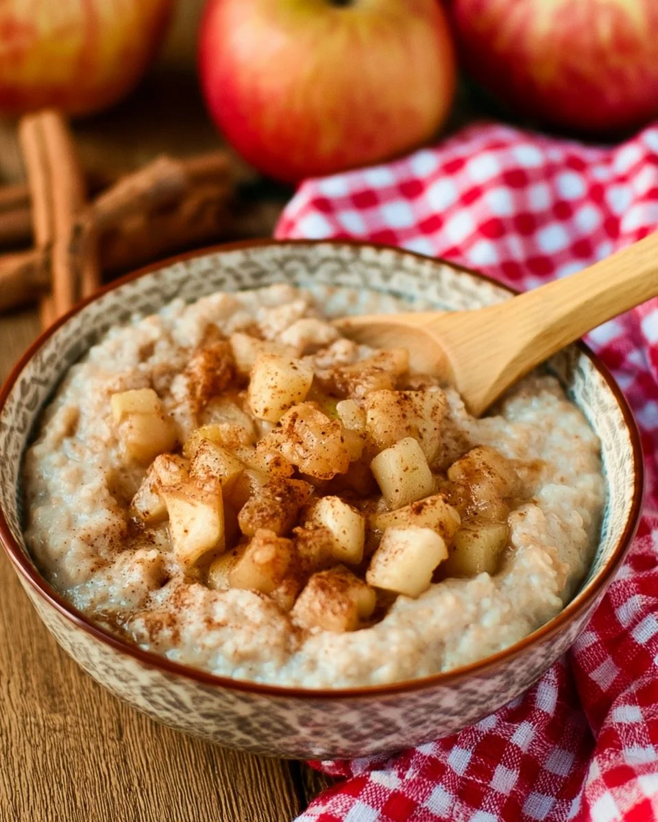 Schüssel mit Apfel Zimt Porridge, dekoriert mit Zimtstangen und frischen Äpfeln.