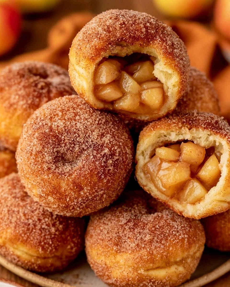 Frisch gebackene Apfelkrapfen mit Zimt und Zucker auf einem Teller.