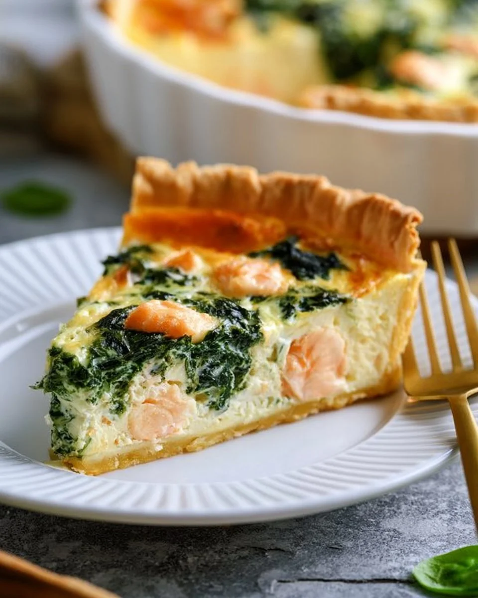 Blätterteig Quiche mit Spinat und Lachs auf einem Teller serviert