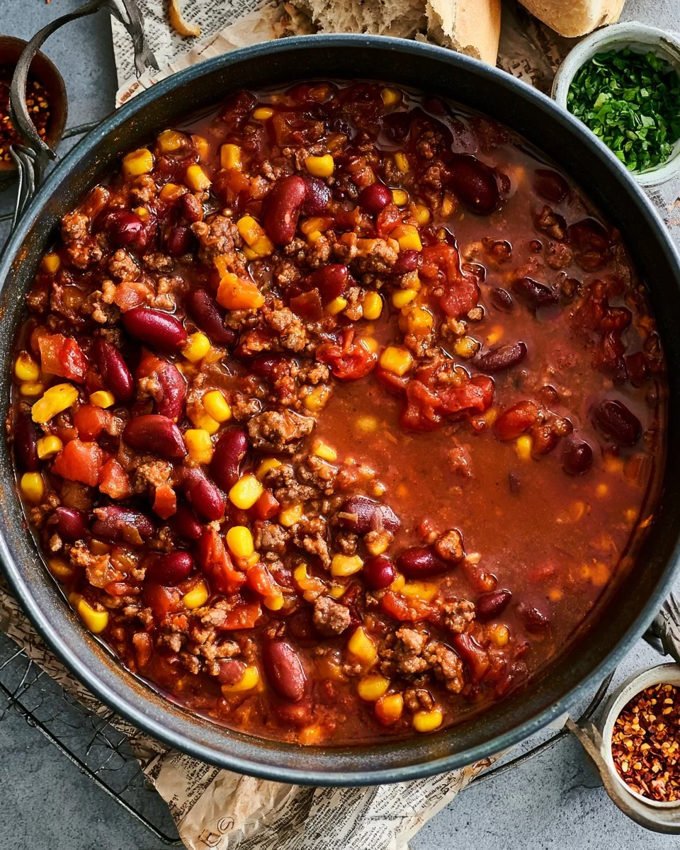 Eine Schüssel Chili con Carne mit Bohnen und Fleisch, garniert mit frischen Kräutern.