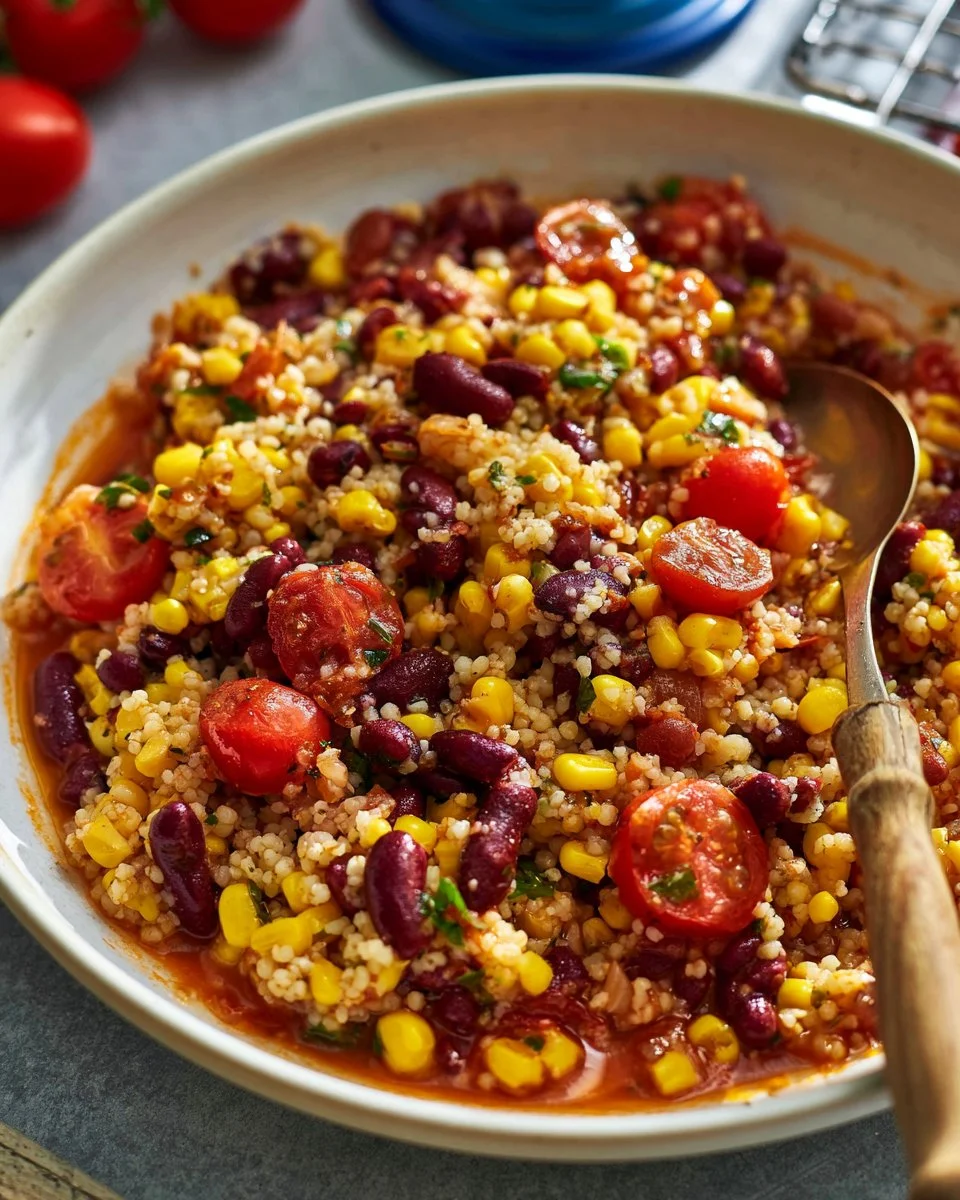 Couscous-Pfanne mit Tomaten und Kidneybohnen, gesundes Rezept