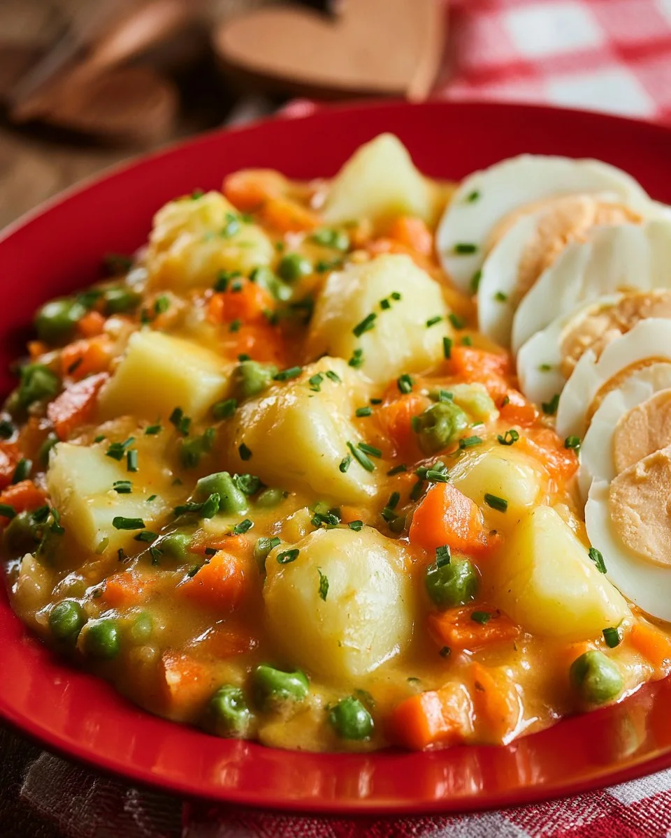 Leckeres Eier Ragout auf einem Teller, garniert mit frischen Kräutern.