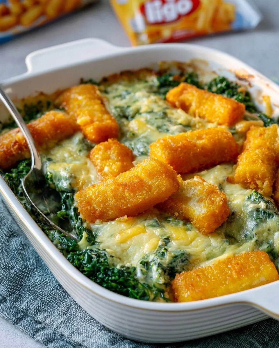 Fischstäbchenauflauf aus dem Ofen mit Käse überbacken
