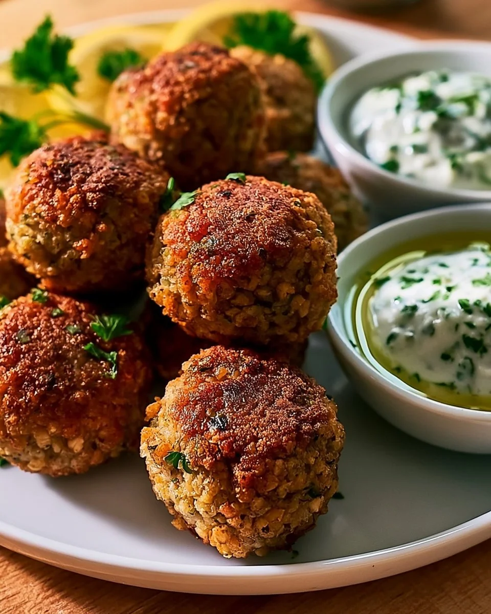 Frittierte griechische Linsenfrikadellen mit Tzatziki auf einem Teller