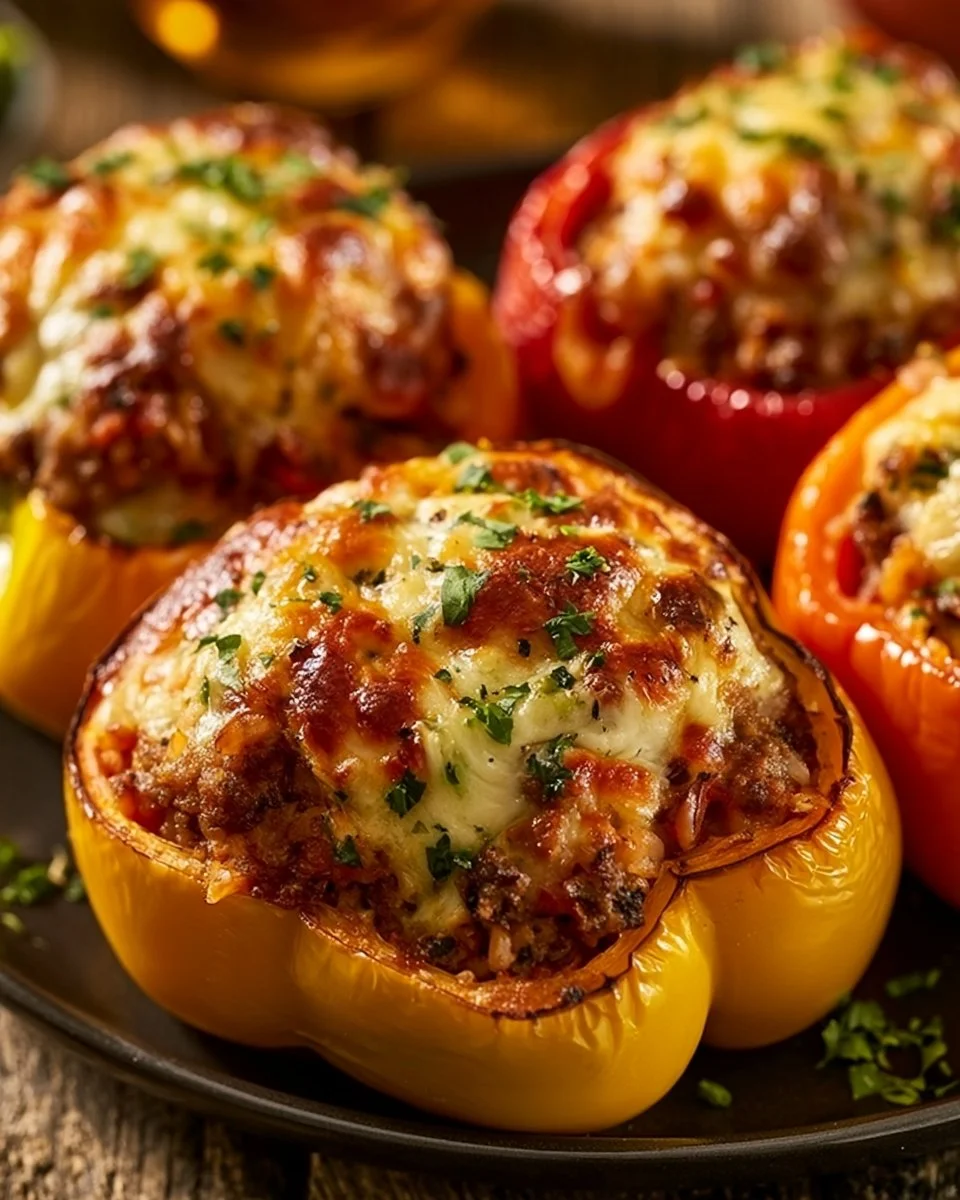 Gefüllte Paprika in der Heißluftfritteuse, appetitlich angerichtet auf einem Teller.