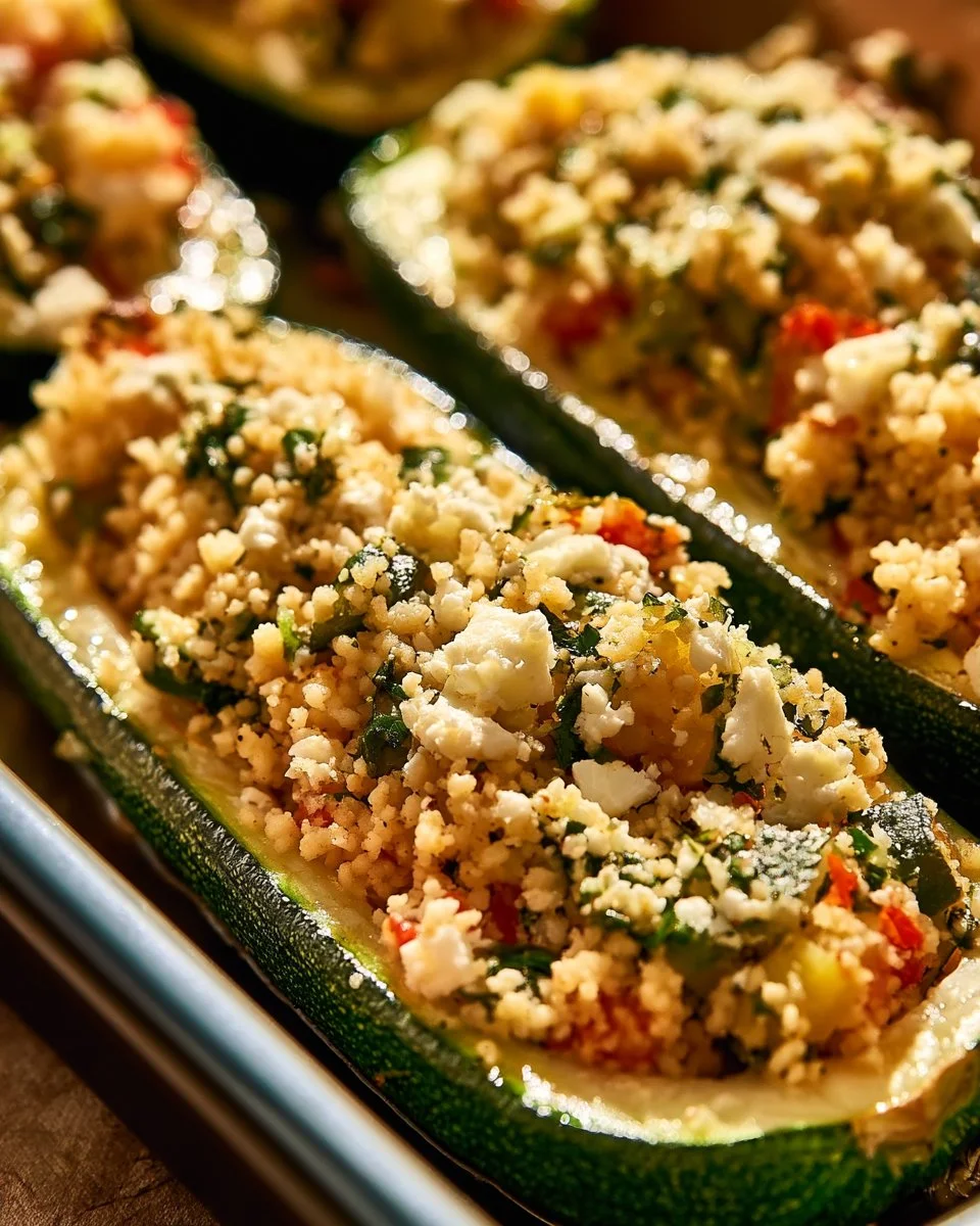 Gefüllte Zucchinis mit Couscous und Feta auf einem Teller serviert.