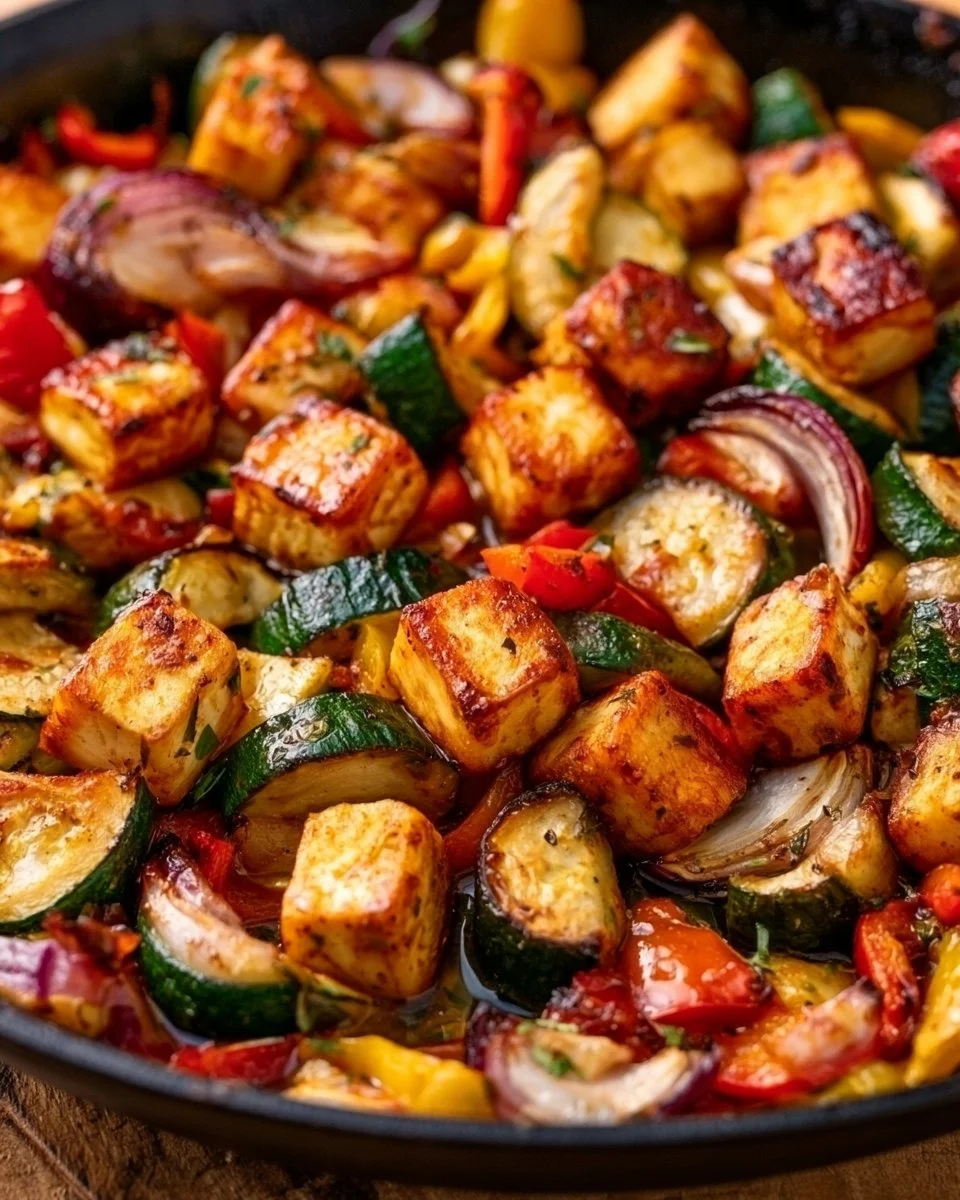Leckere Gemüsepfanne mit Halloumi aus der Pfanne mit buntem Gemüse