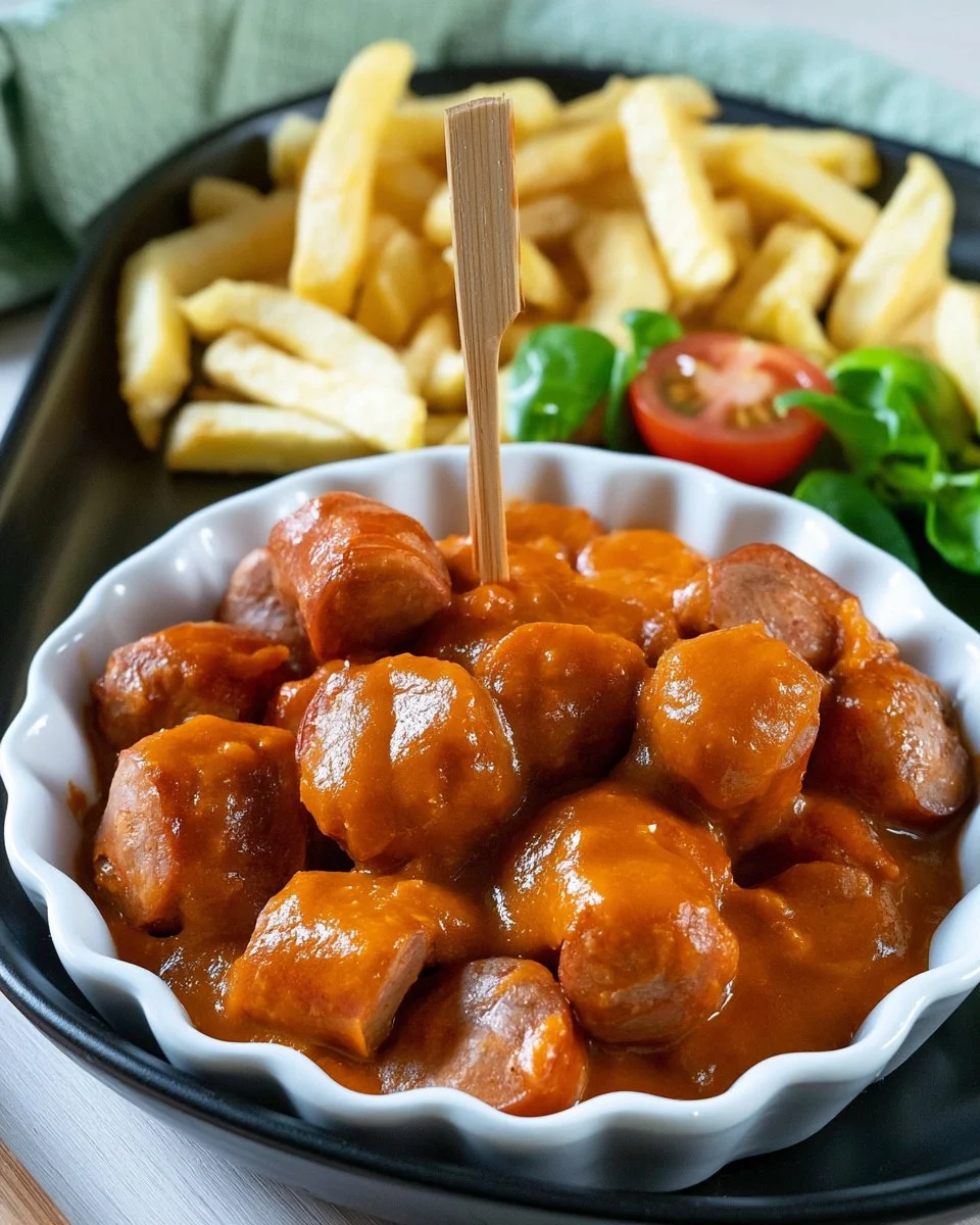 Hausgemachte Currywurst Sauce in einer Schüssel mit frischen Zutaten