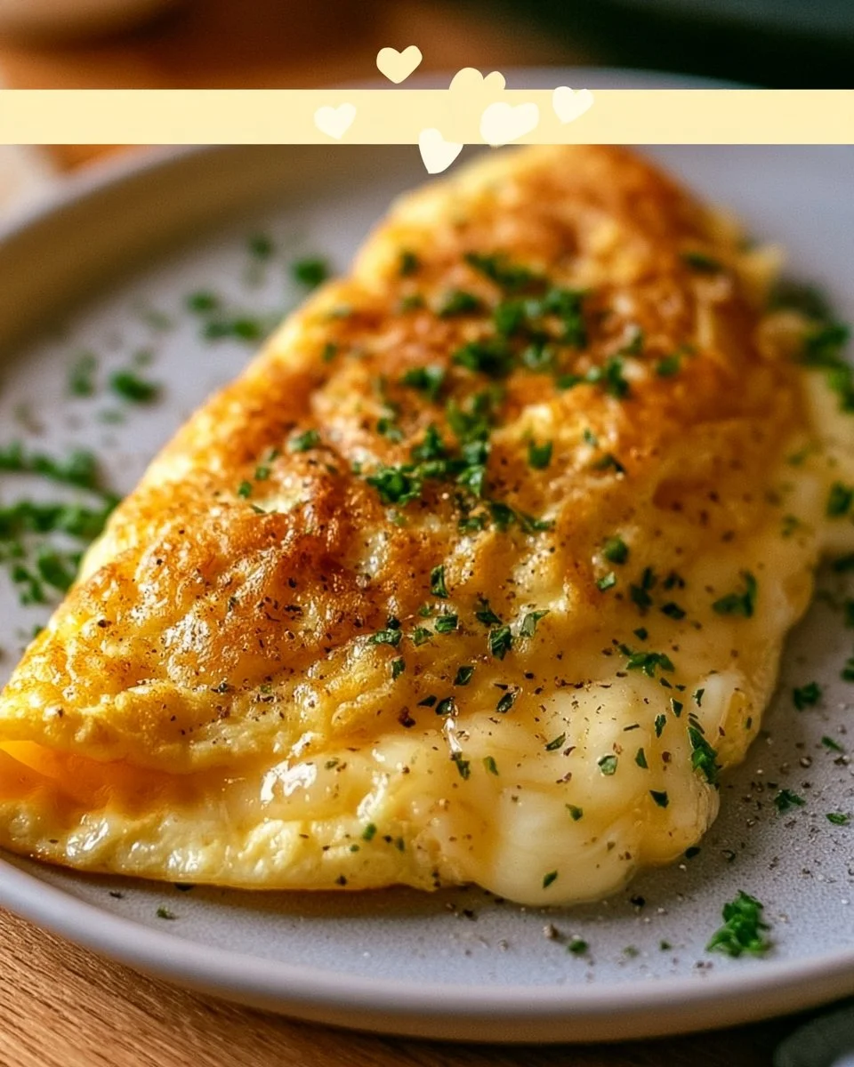 Käse-Omelett auf einem Teller, garniert mit frischen Kräutern.