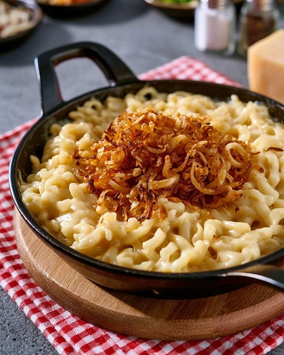 Käsespätzle serviert mit Käse und Röstzwiebeln auf einem Teller.