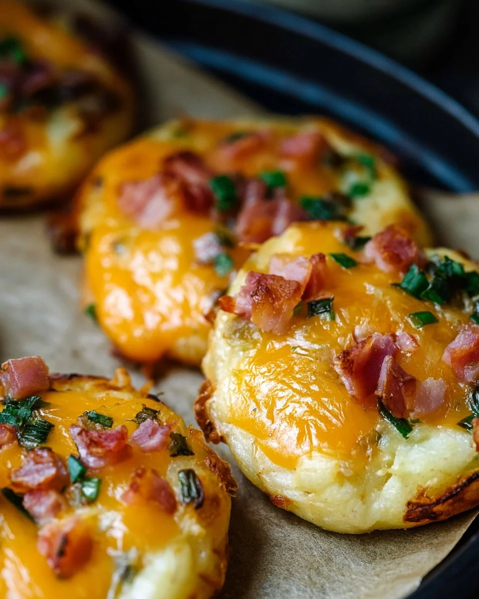 Kloßteig-Mini-Pizzen nach Flammkuchen Art auf einem Holzbrett serviert