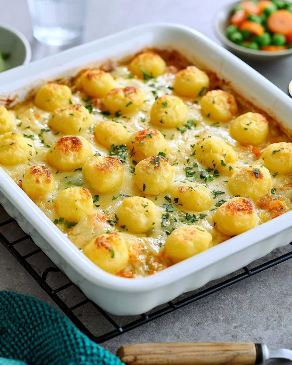 Knödel Auflauf mit Gemüse und Hollandaise Sauce auf einem Teller serviert