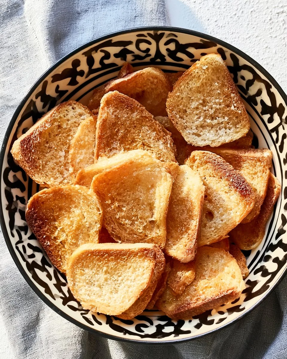 Knusprige Brotchips in einer Schale, ideal als Snack oder Dip-Begleiter.