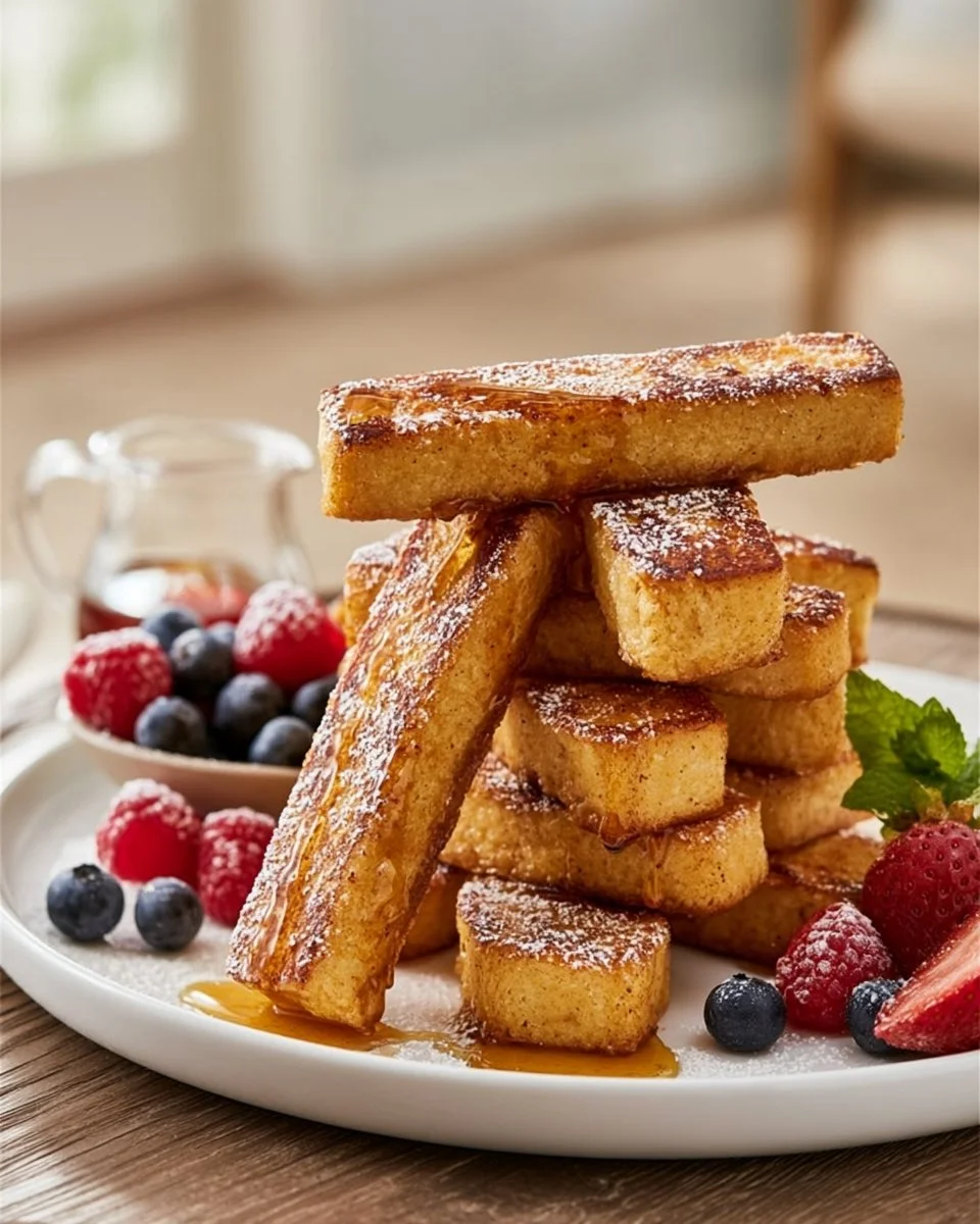 Knusprige French Toast Sticks aus dem Airfryer auf einem Teller serviert