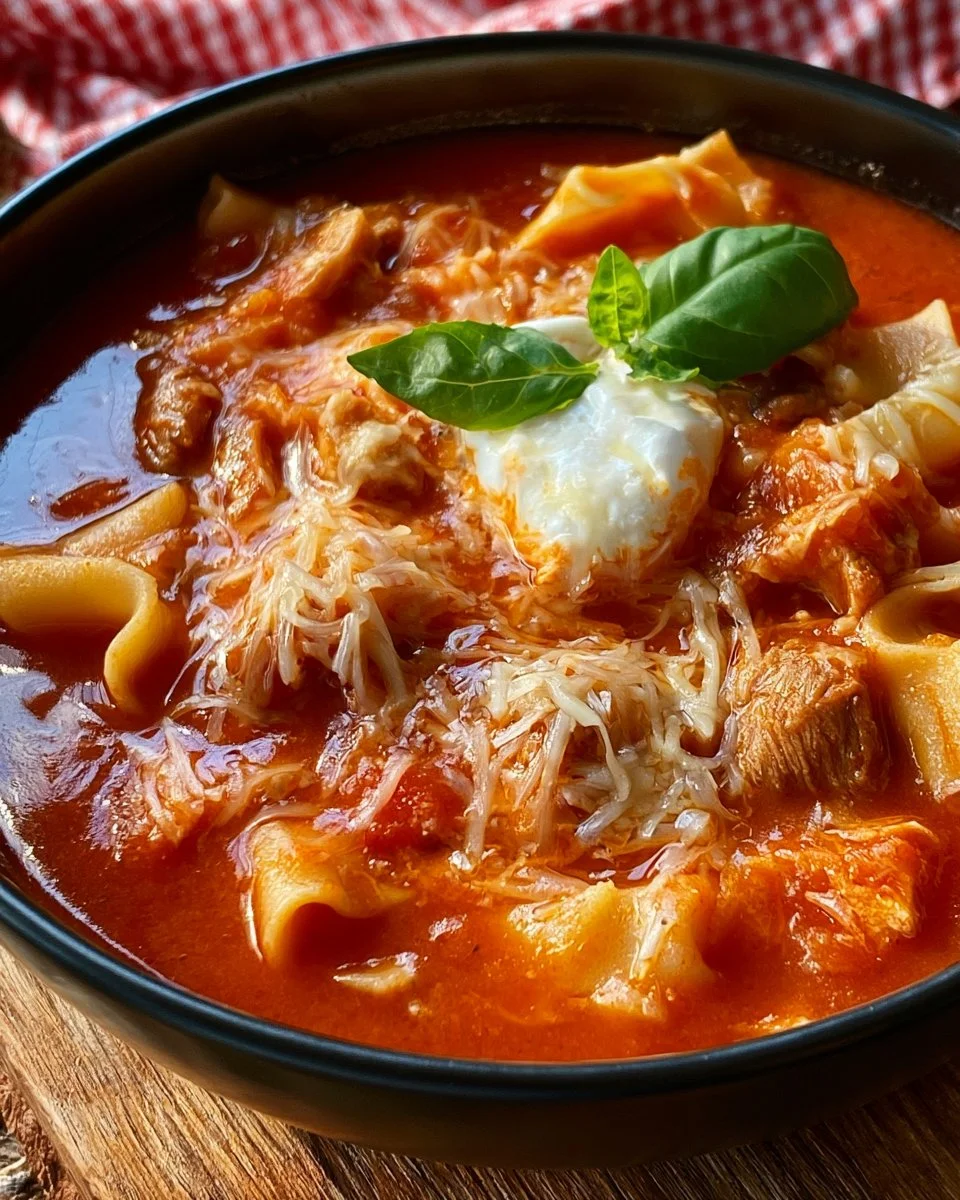 Lasagnensuppe mit Gemüseeinlage und Käse überbacken