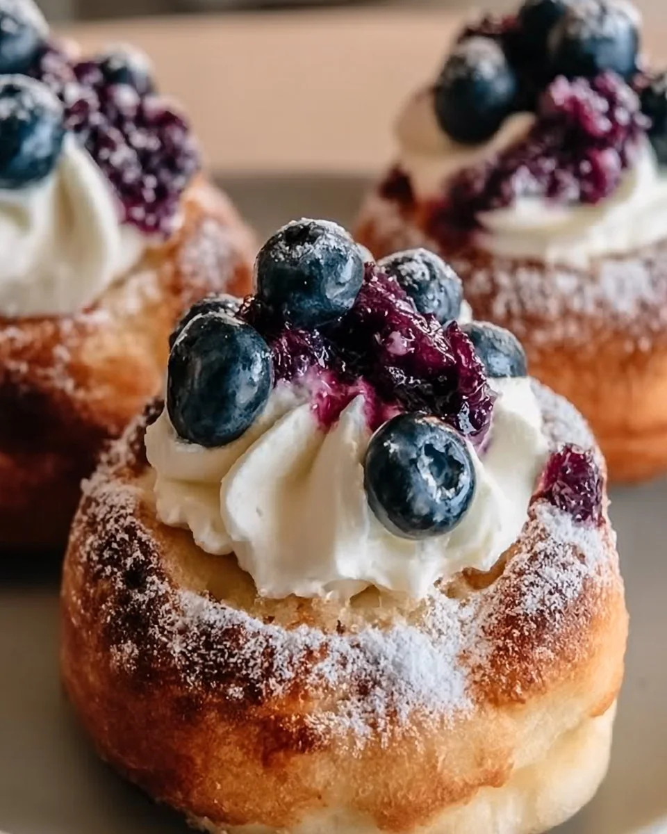 Luftfritteuse Heidelbeer- und Hüttenkäse-Donutlöcher auf einem Teller