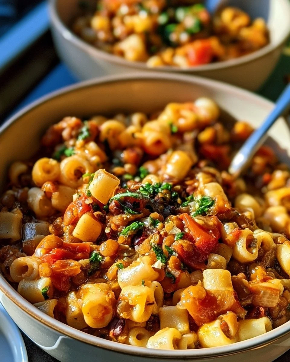 One-Pot-Pasta mit Linsen auf einem Teller angerichtet