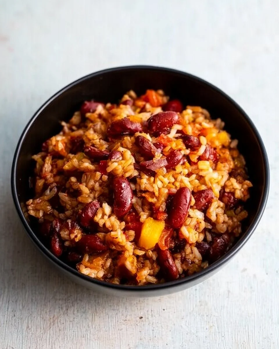 One-Pot-Reis mit Paprika, Bohnen und Mais in einer Pfanne zubereitet