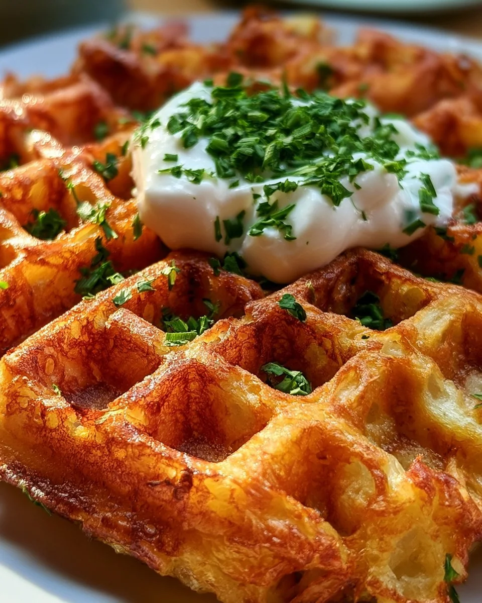 Pfälzer Kartoffelwaffeln auf einem Teller, serviert mit einer Beilage.