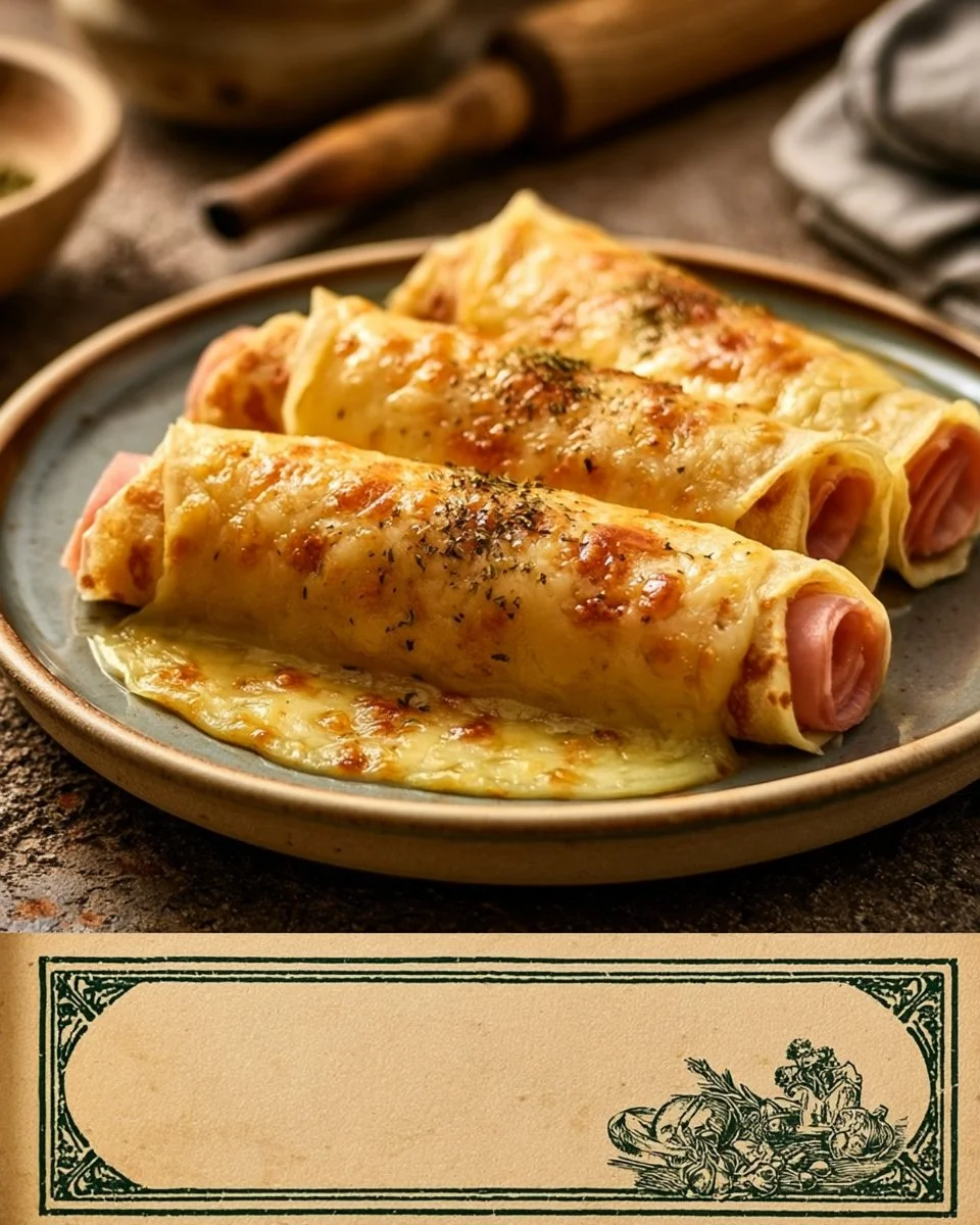 Pfannkuchen-Röllchen mit Schinken auf einem Teller angerichtet