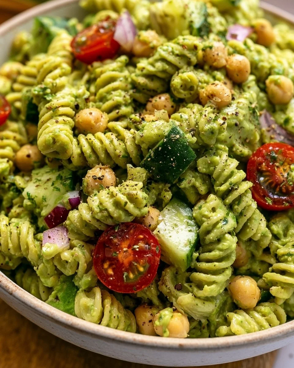 Proteinreicher veganer Avocado-Nudelsalat in einer Schüssel
