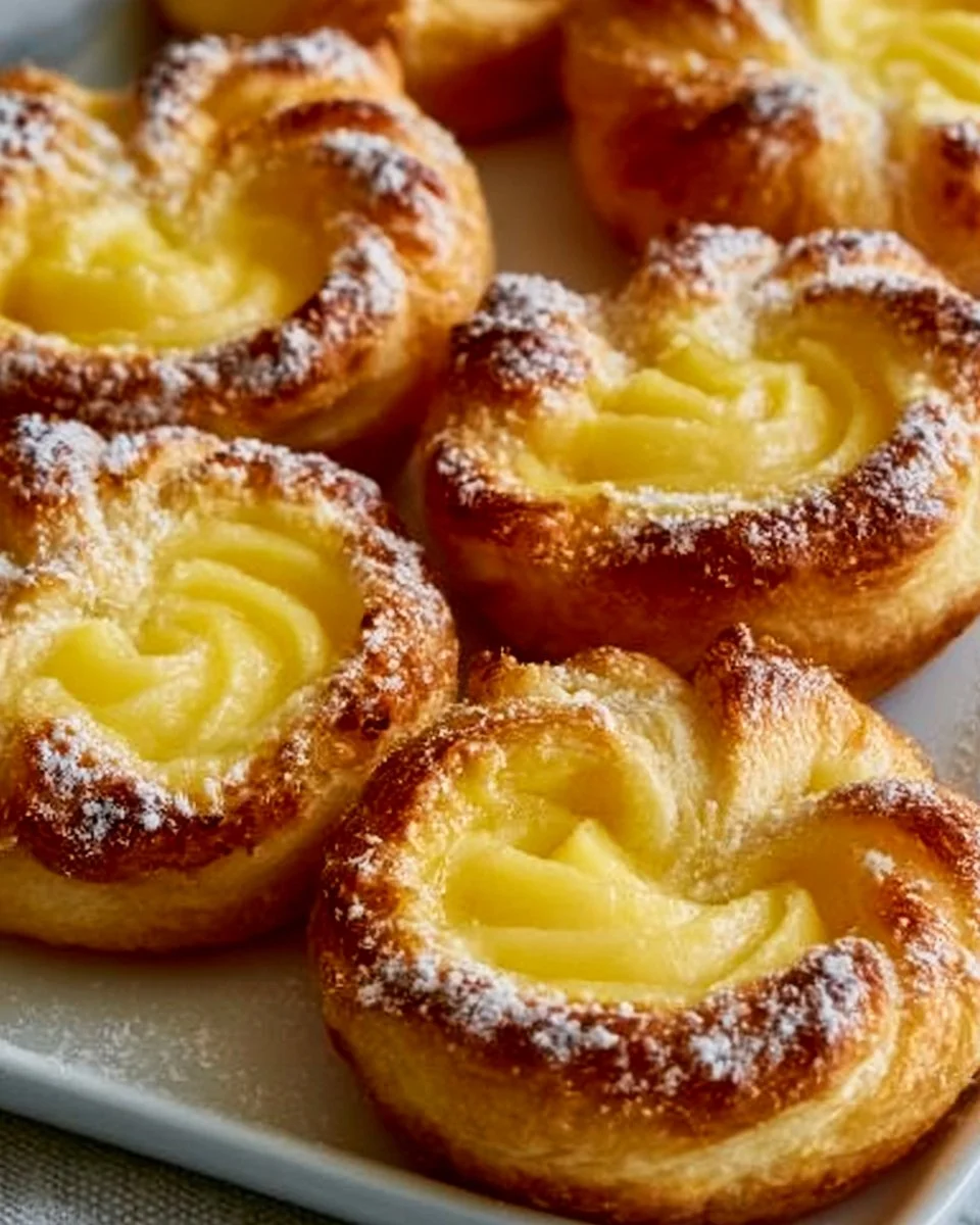 Leckere Puddingschnecken aus Blätterteig auf einem Teller serviert