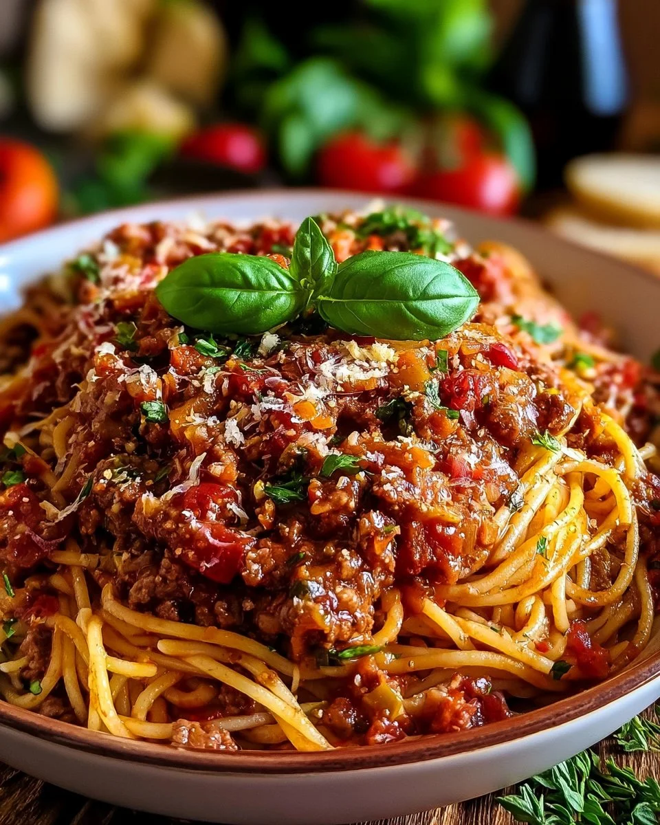 Schnelle vegetarische Linsenbolognese mit frischem Gemüse und Gewürzen