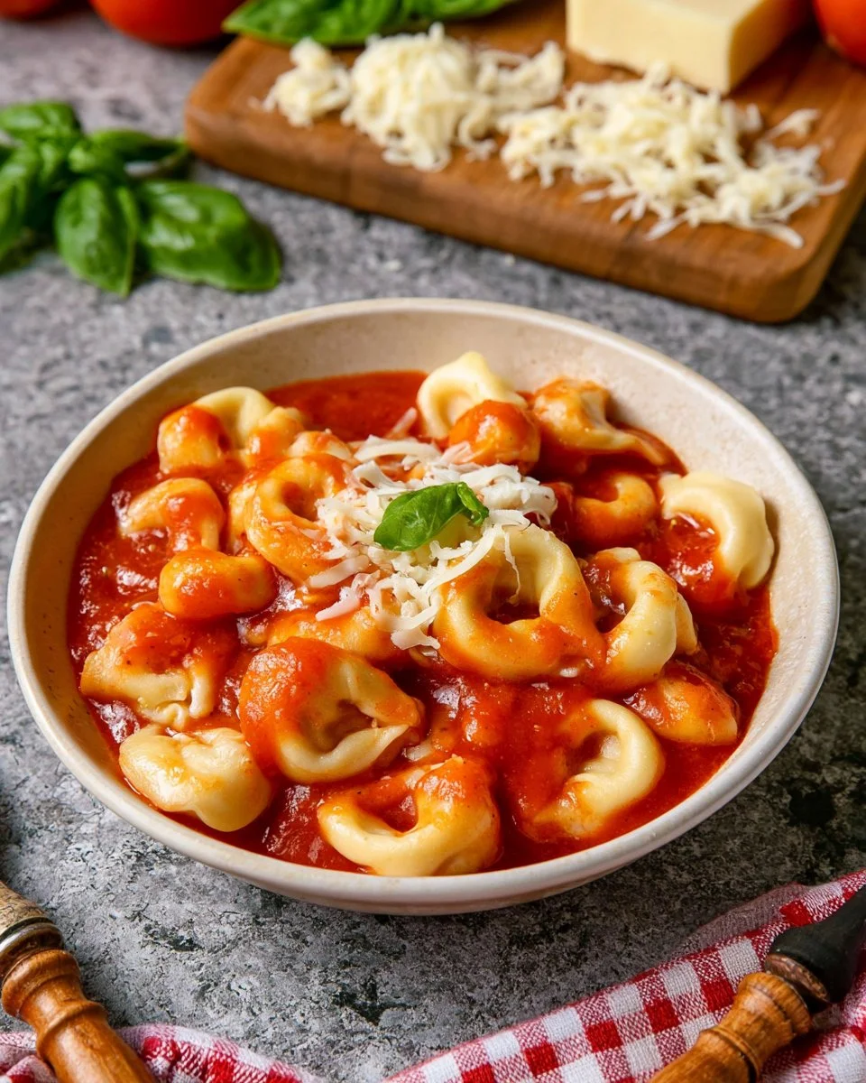 Tortellini mit Tomatensauce in einer Schüssel serviert