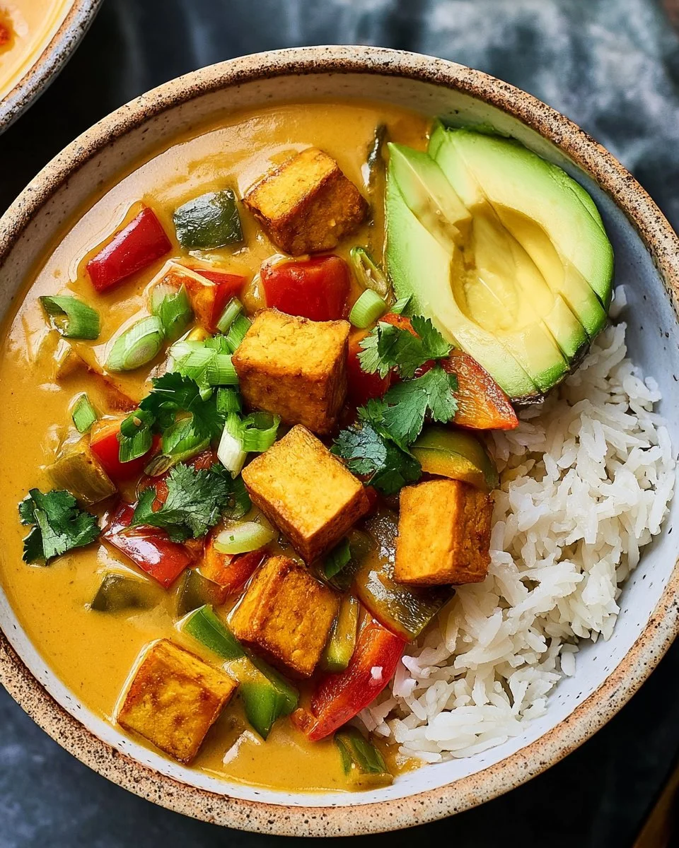 Veganes Thai-Erbsen-Curry mit Erdnüssen und Tofu in einer bunten Schüssel