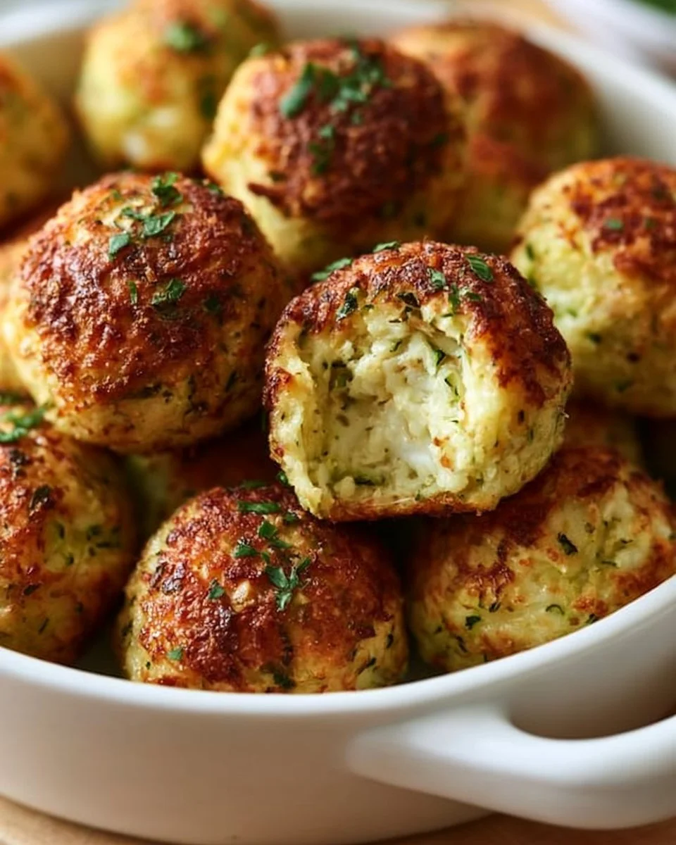 Zucchini-Feta-Bällchen auf einem Teller mit frischen Kräutern garniert