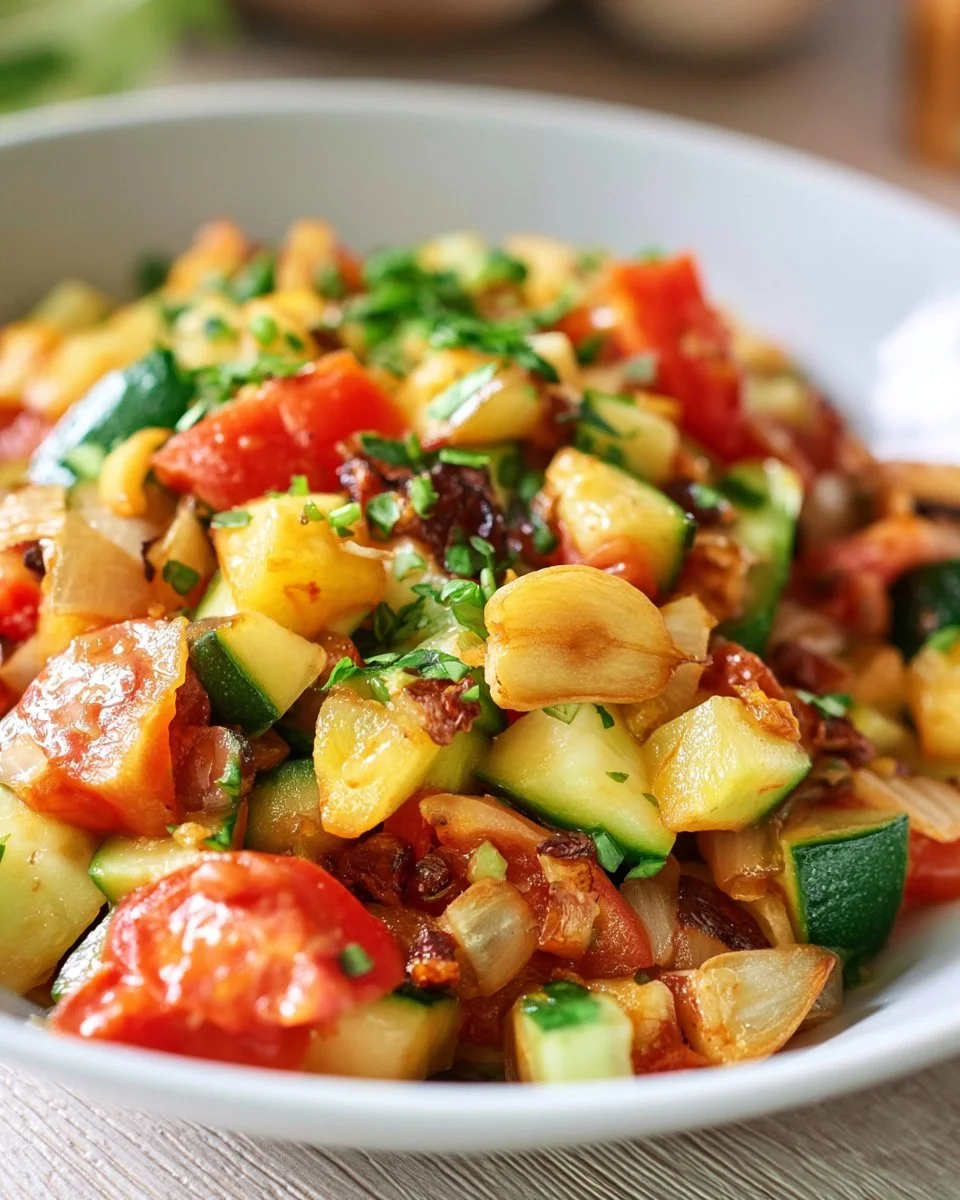 Bunte Zucchini Pfanne mit frischem Gemüse und Gewürzen