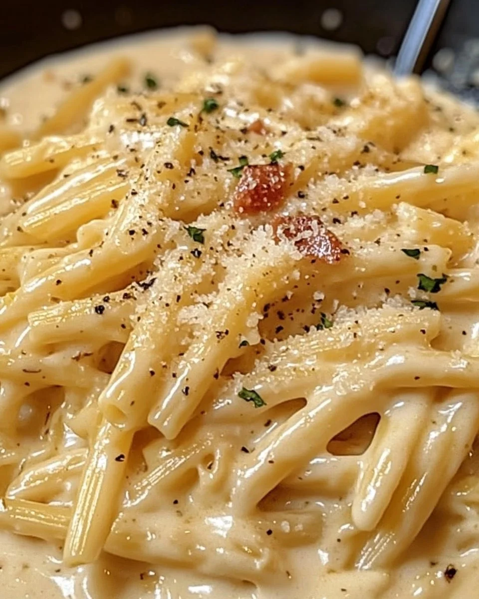 Ein Topf cremige Knoblauchpasta