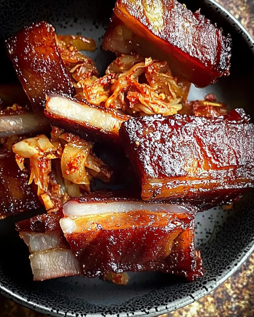 Rotes Schweinebauch mit Kimchi