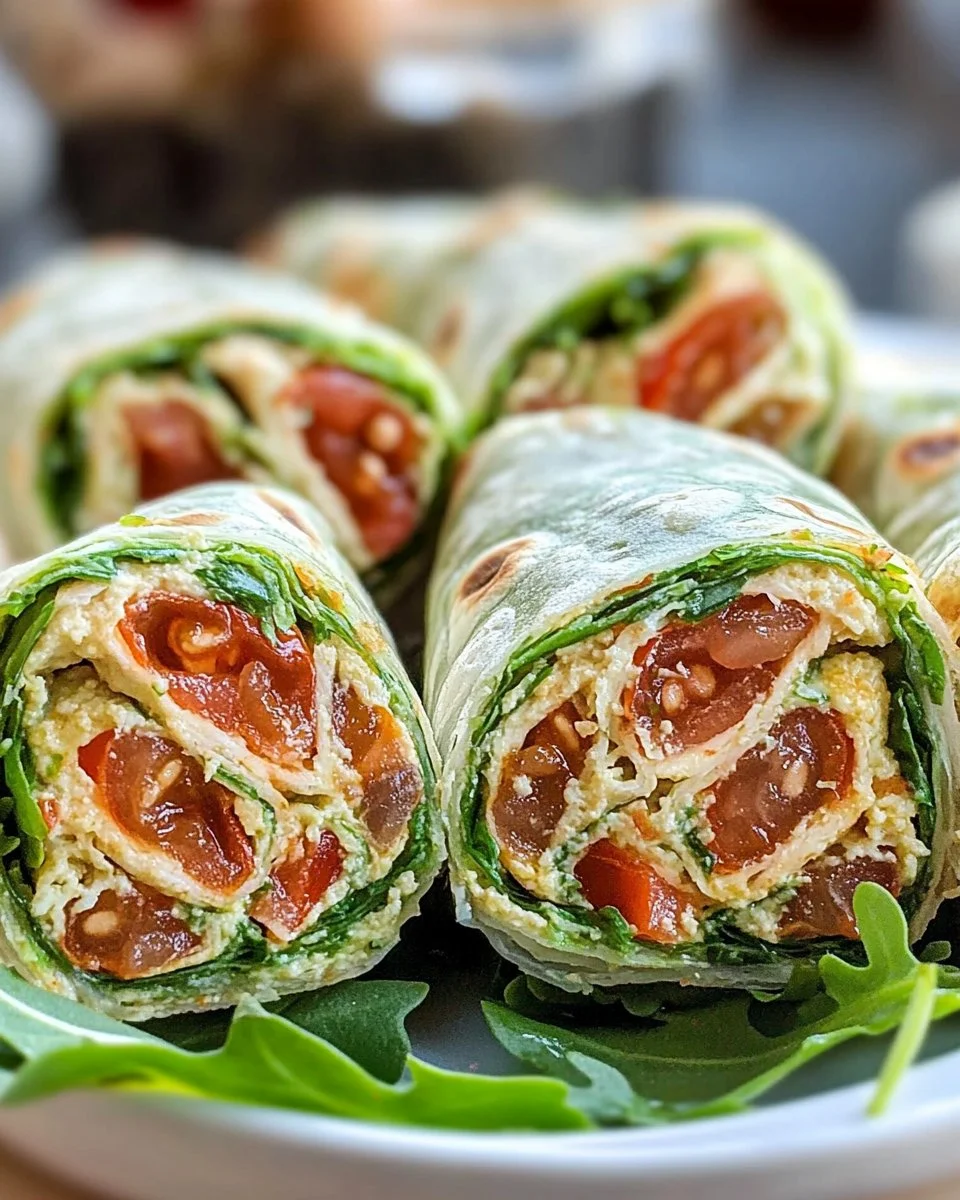 Vegetarische Wrap-Röllchen mit Rucola und Tomaten | Rezept